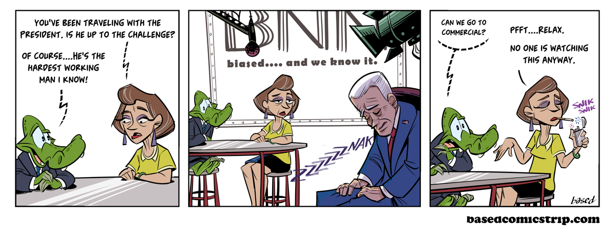 Panel 1: CNN: You've been traveling with the President. Is he up to the challenge?, Chance: Of course... He's the hardest working man I know!, Panel 2: Looks, Panel 3: Biden: ZZZZ, Panel 4: Chance: Can we go to commercial?, CNN: PFFT... Relax. No one is watching this anyway.