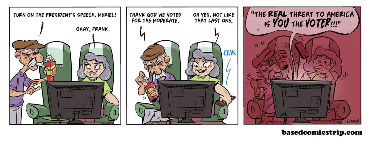 Panel 1: Man: Turn on the President's speech, Muriel., Panel 2: Man: Thank God we voted for the moderate., Muriel: Oh yes, not like the last one. Panel 3: Biden: The real threat to America is YOU the voter