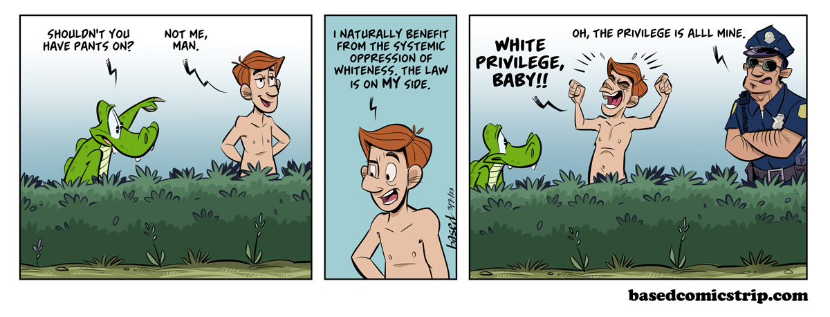 Panel 1: Chance: Shouldn't you have pants on?, Man: Not me, man., Panel 2: Man: I naturally benefit from the systemic oppression of whiteness. The law is on my side., Panel 3: Man: White privilege, baby!!, Cop: Oh, the privilege is all mine.