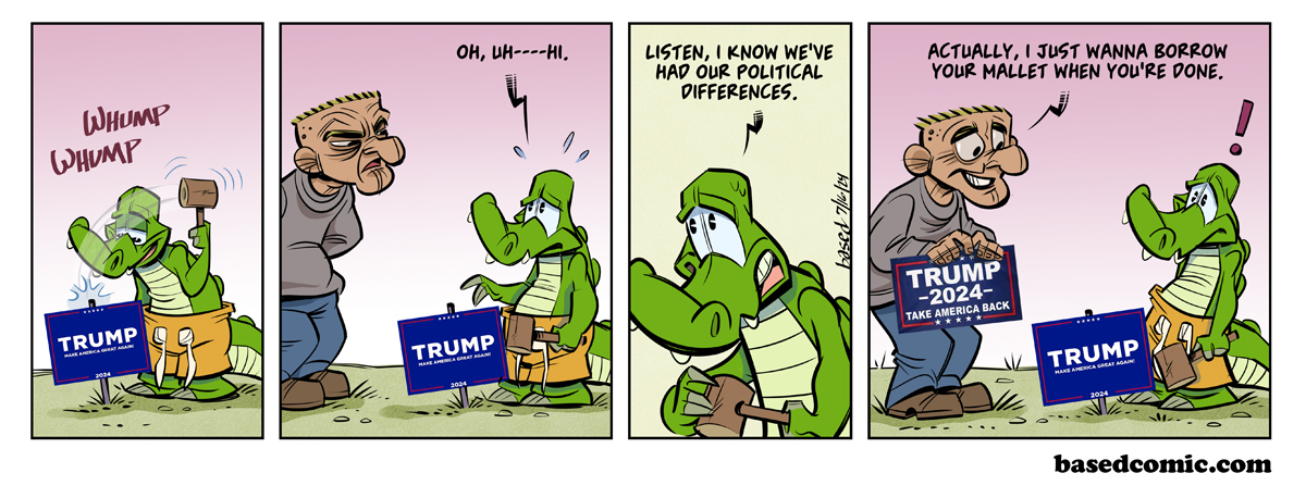 New Trump Voters Panel 2: Chance: Oh, uh, hi., Panel 3: Chance: Listen, I know we've had our political differences., Panel 4: Neighbor: Actually, I just wanna borrow your mallet when you're done.