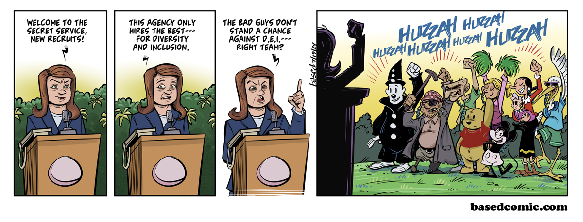 Secret Service Resources Panel 1: Kim Cheatle: Welcome to the Secret Service, new recruits!, Panel 2: Kim Cheatle: This agency only hires the best for diversity and inclusion, Panel 3: Kim Cheatle: The bad guys don't stand a chance against DEI - right team?