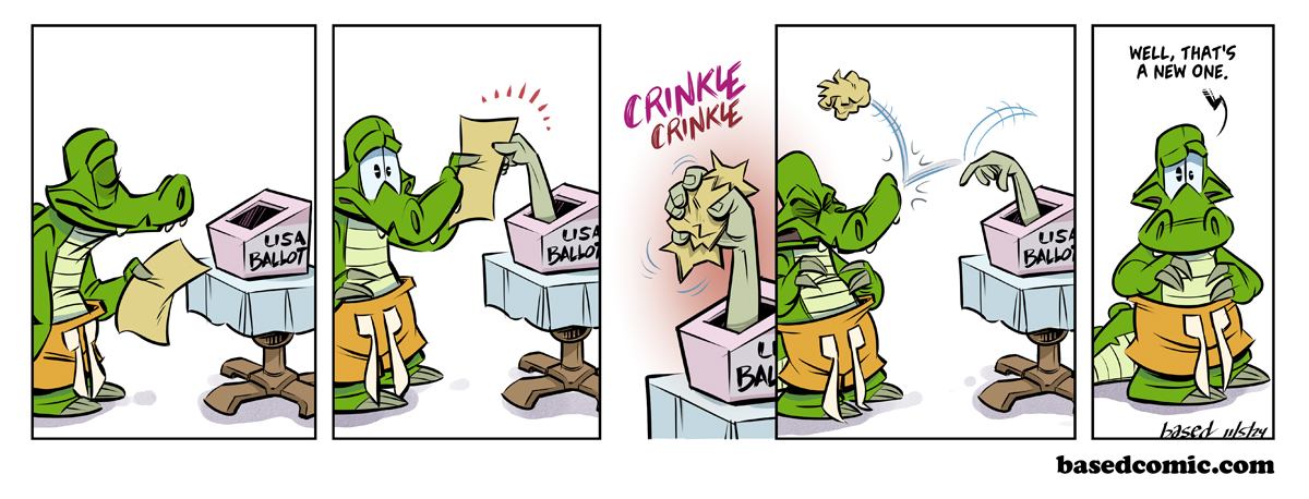 Election Day Panel 1: *Chance has a ballot.*, Panel 2: Thing comes out of the ballot box., Panel 3: Thing crumples up the ballot., Panel 4: Thing throws the ballot away., Panel 5: Chance: Well, that's a new one.