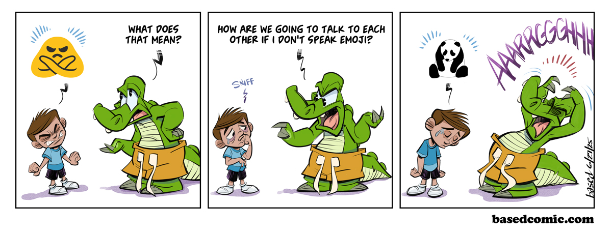 Speak Emoji: Panel 1: Boy: "Not Allowed Emoji", Chance: What does that mean?, Panel 2: Chance: How are we going to talk to each other if I don't speak emoji?, Panel 3: Boy: "Sad Panda Emoji," Chance: AAARRRRGHHH Speak Emoji: Panel 1: Boy: "Not Allowed Emoji", Chance: What does that mean?, Panel 2: Chance: How are we going to talk to each other if I don't speak emoji?, Panel 3: Boy: "Sad Panda Emoji," Chance: AAARRRRGHHH